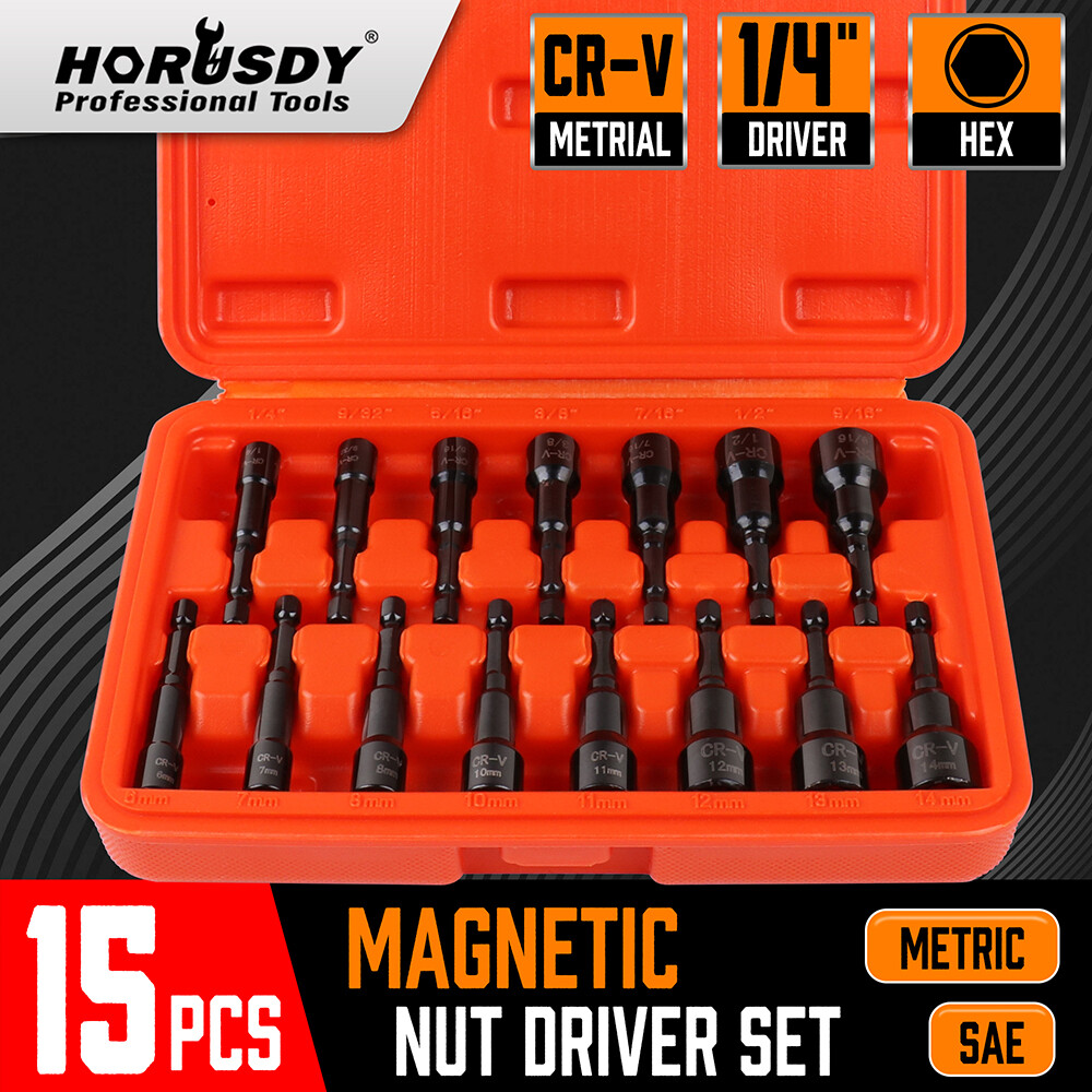 15pc Magnetic Nut Driver Setter Bit Nut Driver MM & SAE 1/4″ Shank Quick Change