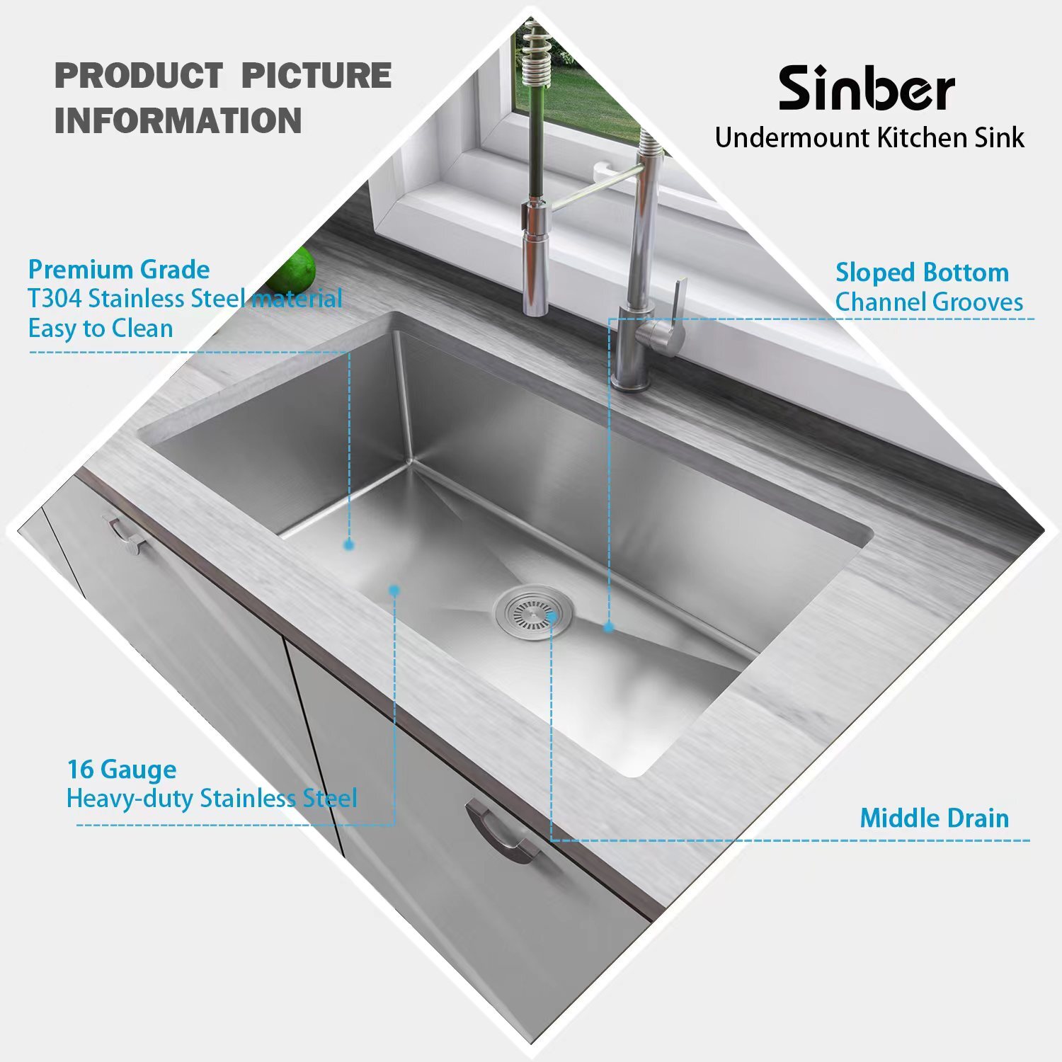 Sinber 32″ Undermount Single Bowl 304 Stainless Steel Kitchen Sink HU3219S-S-16E