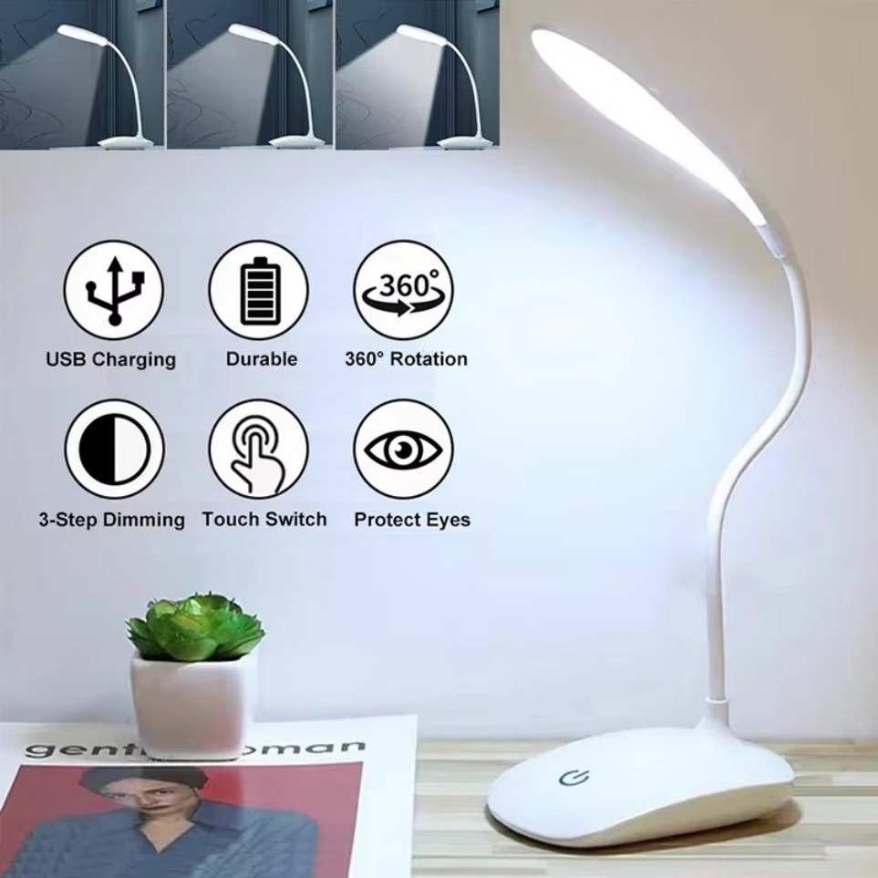 USB LED Desk Light Dimmable Bedside Reading Lamp Rechargeable Touch Control -&#