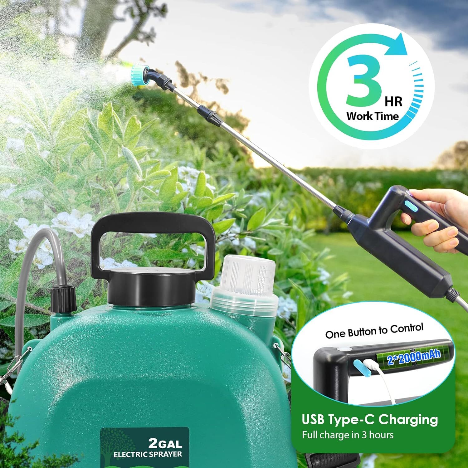 2Gallon Battery Powered Sprayer Electric Sprayer 3 Mist Nozzles Retractable Wand