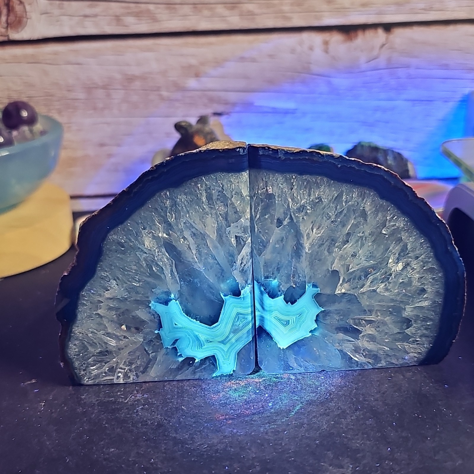 Large Blue Agate Geode Bookends Druzy Quartz Crystal Matching Pair Polished2.9lb