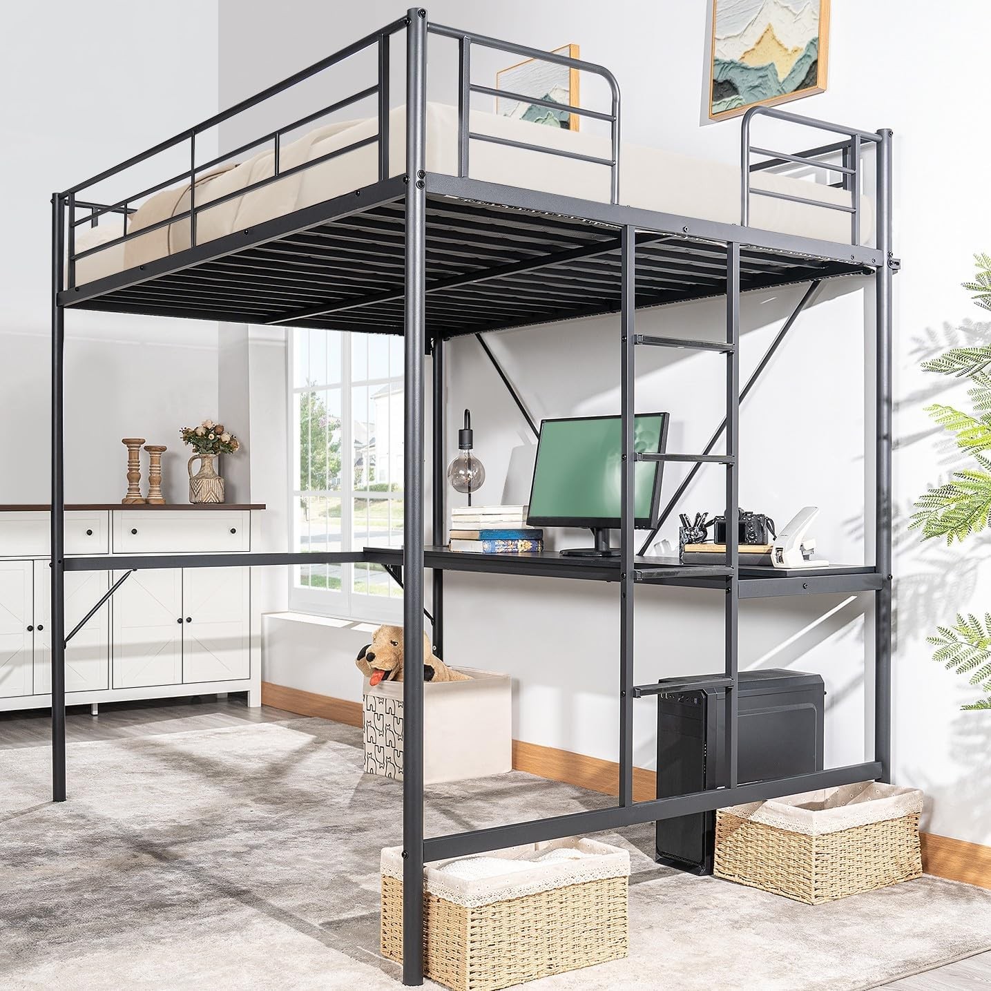Full Size Metal Loft Bunk Bed Frame for Kids Teens Adults with Desk Underneath,2