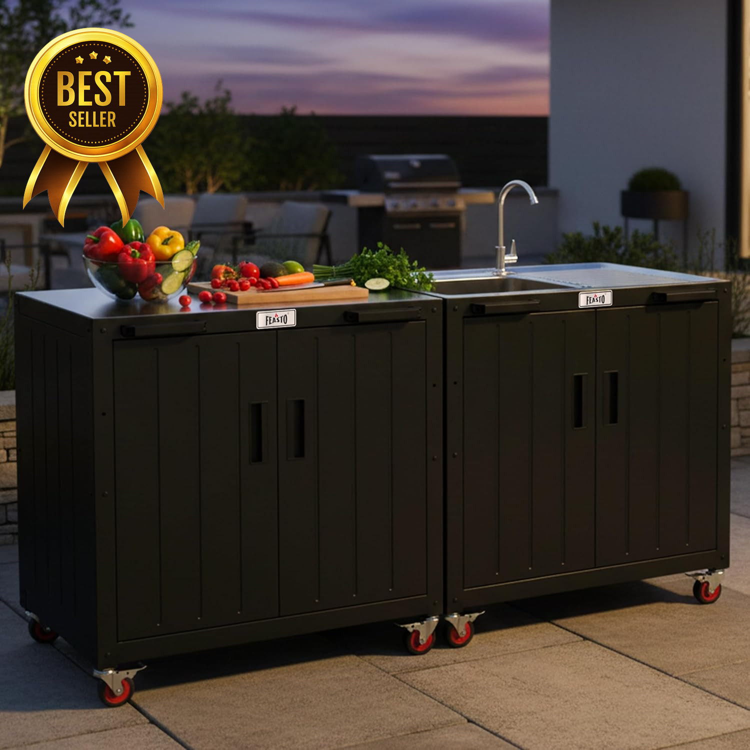 35in Outdoor Grill Cart BBQ Prep Station Stainless Steel Top Storage Cabinet