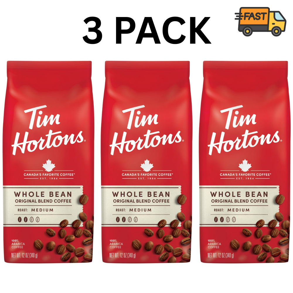 Tim Hortons Medium Roast Coffee Beans Whole Bean 12oz Organic Arabica 3 Pack