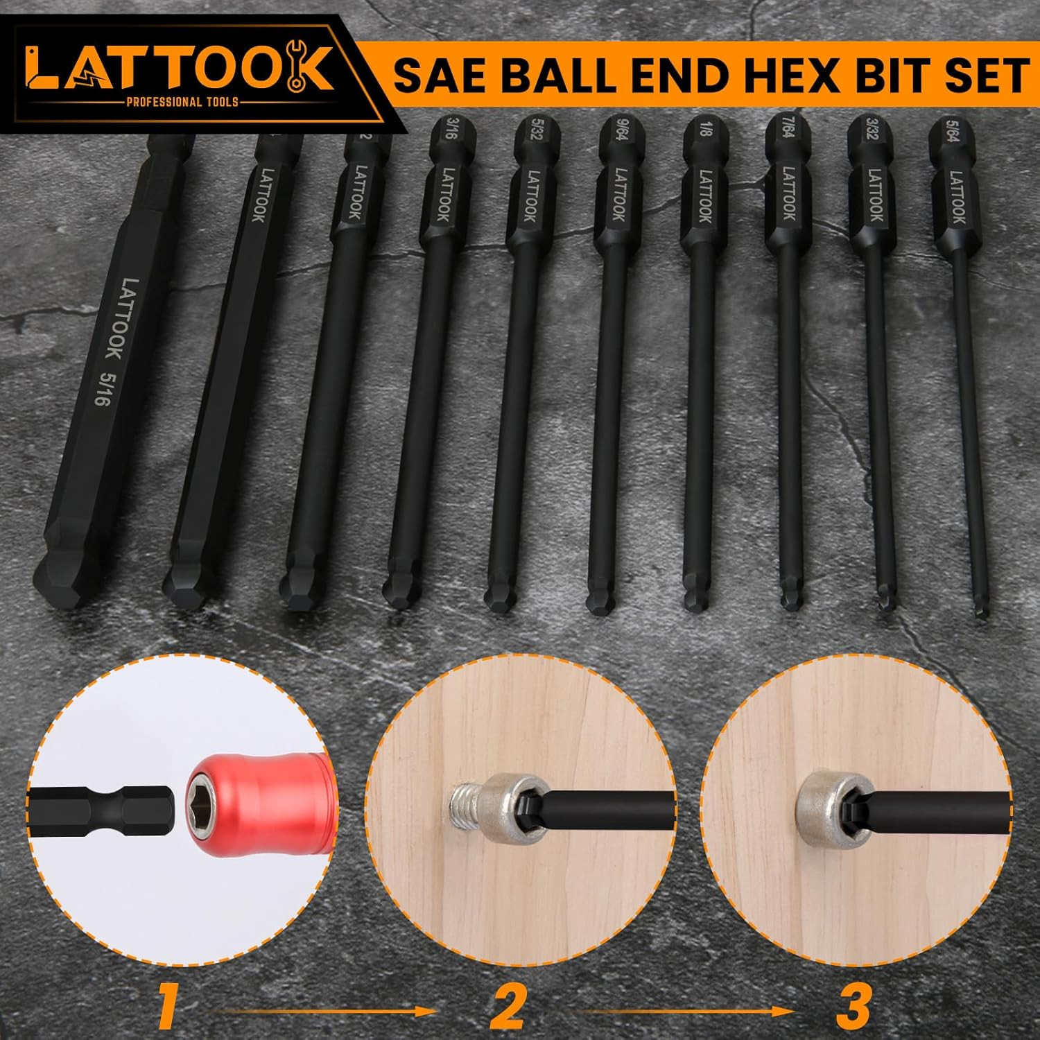 Ball End Hex Head Allen Drill Bit Set, 10PCS SAE 5/16” to 5/64” Ball End Hex B
