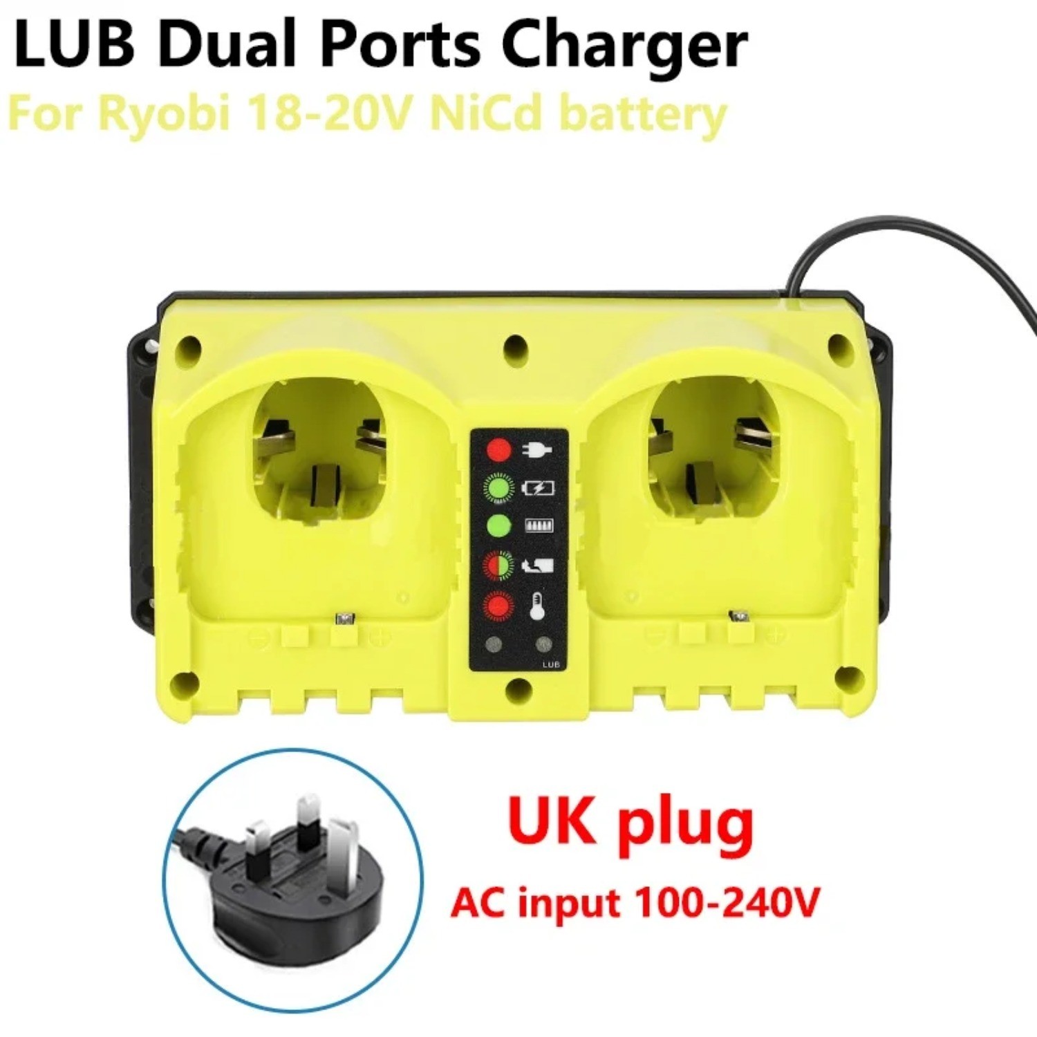 Portable Dual Ports Fast Charger Replace P117 for Ryobi 18V Battery P107 P108