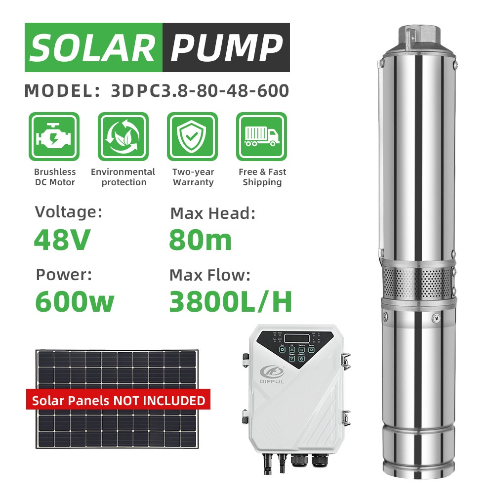 US STOCK DIFFUL 3″ DC Deep Well Solar Water Pump 48V 0.8HP Hole Submersible MPPT