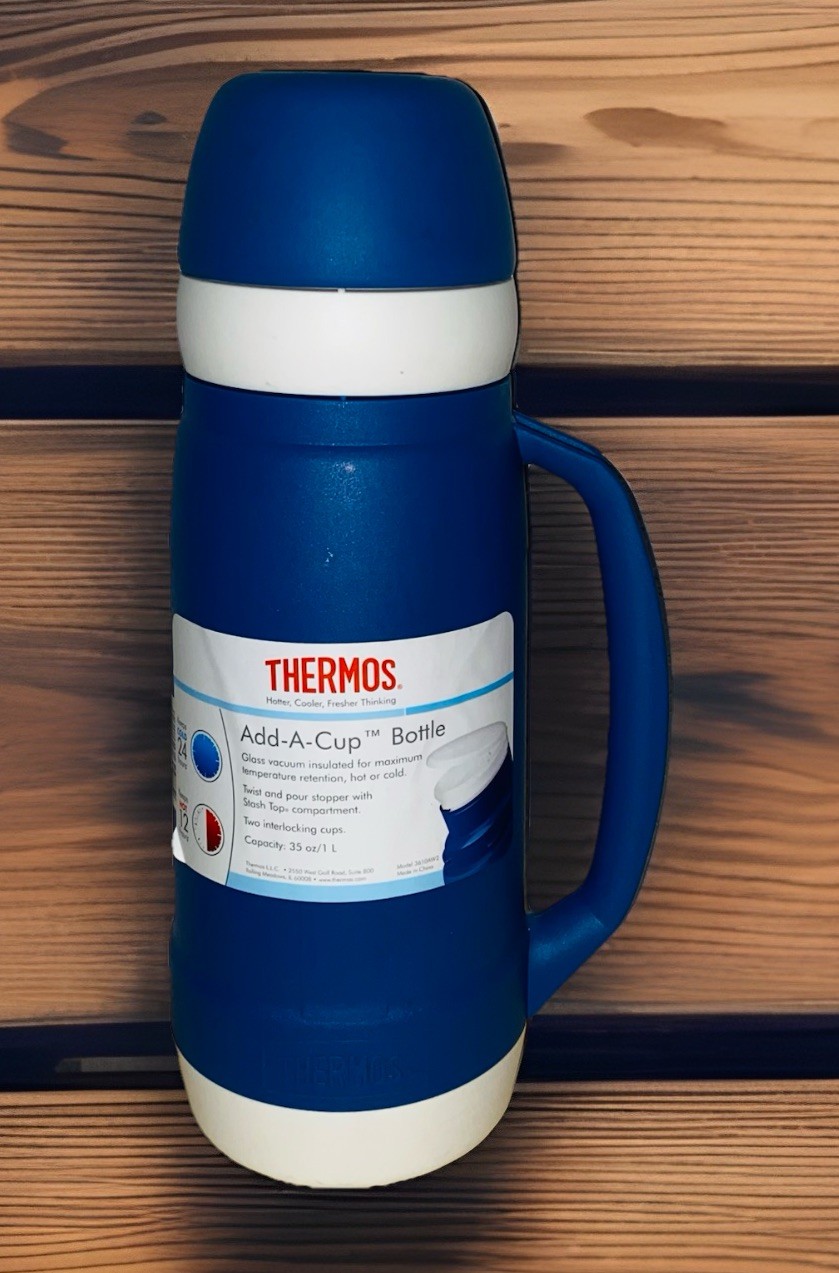 THERMOS 35 Oz Add-A-Cup Insulated Bottle Blue Hot 12 Hrs Cold 24 Hrs NEW