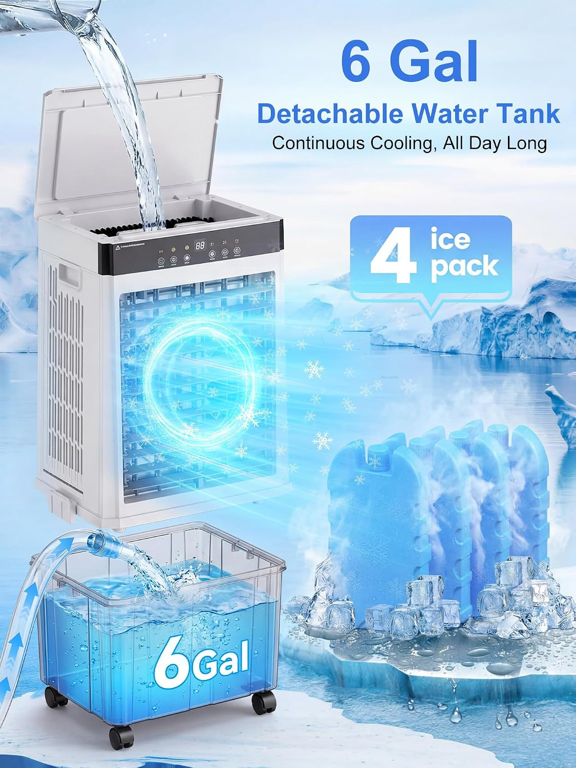 2026 Upgraded 3000 CFM Swamp Cooler, Evaporative Air Cooler with 6 Gal Detachabl