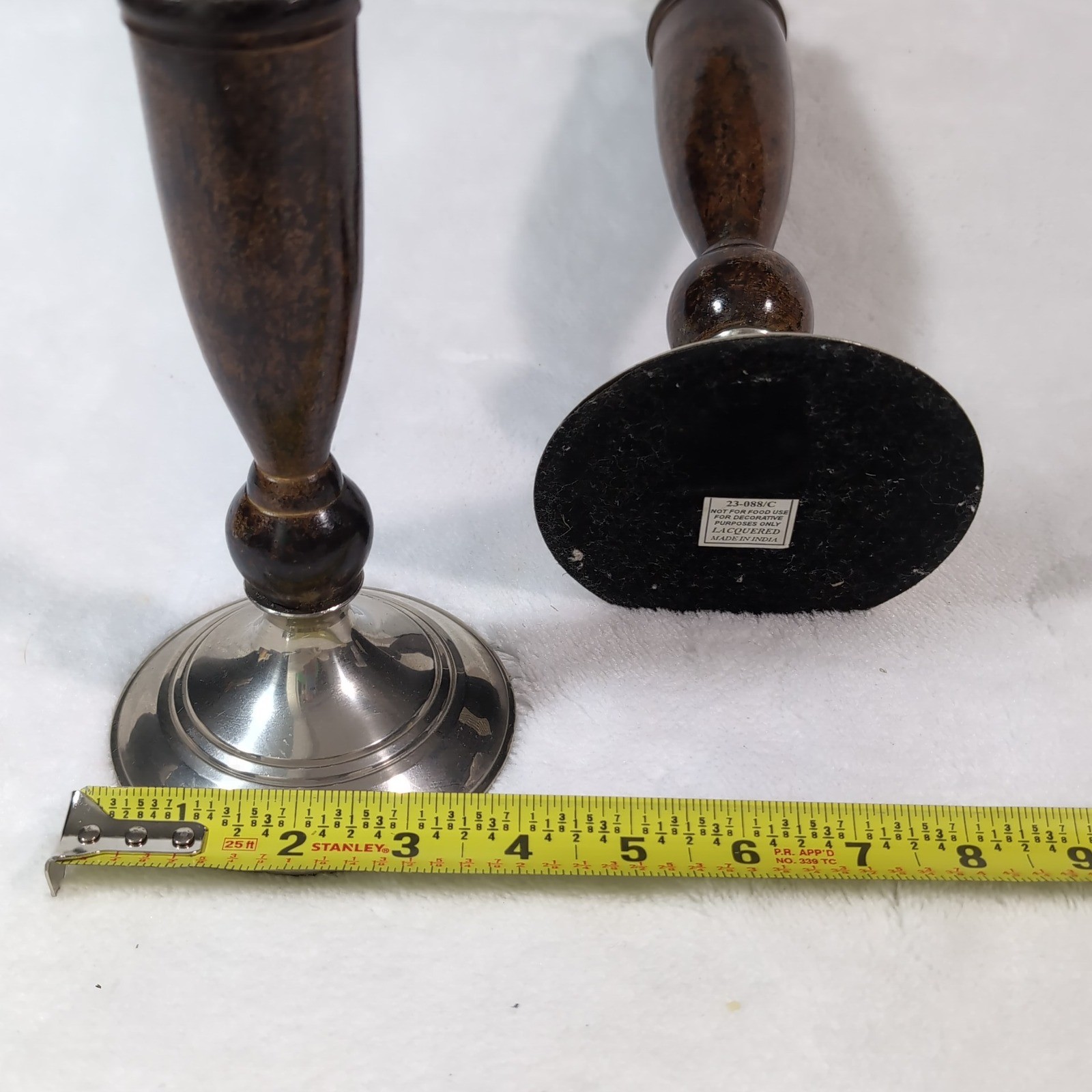 Vintage Candlestick Holders Silver Lacquered Wood~ Metal Set of 2~ India 70s MCM