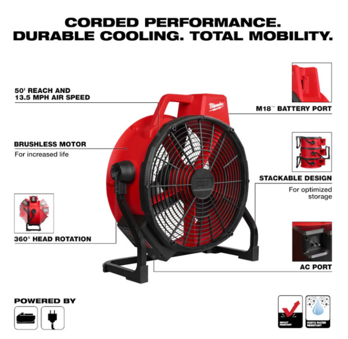 Milwaukee Tool M18 18V 18 inch. Brushless Cordless Fan | 0821-20 | Pack of 1