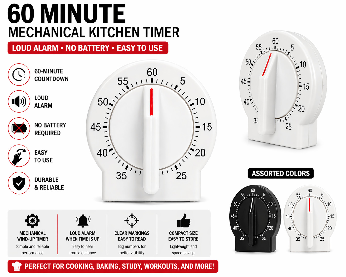 2 Pack Kitchen Timer 60 Min Loud Alarm Mechanical No Battery Easy Use