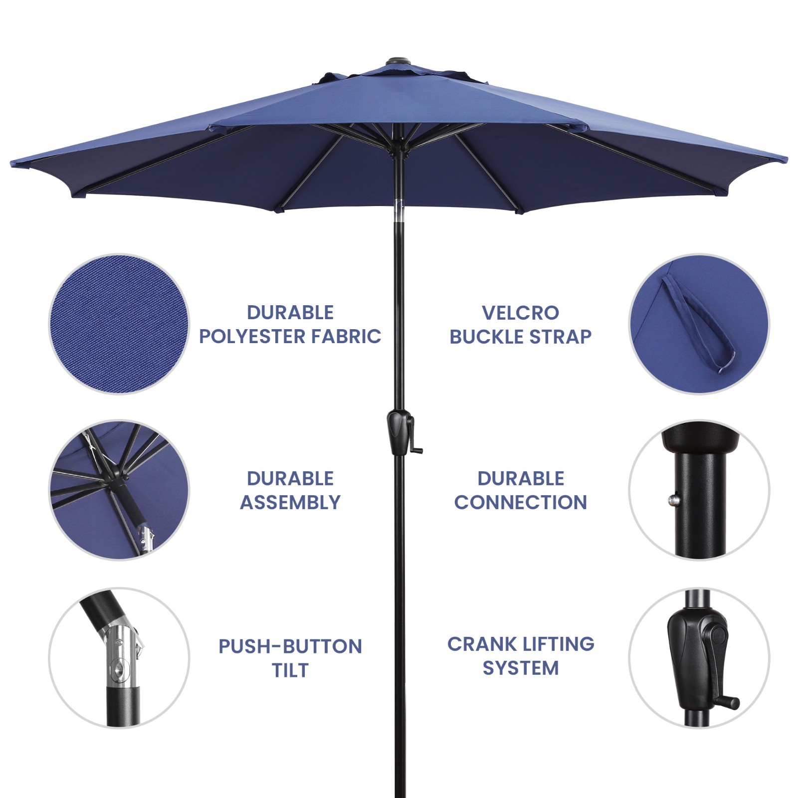 Sun-Ray 9′ Round Patio Umbrella with Push-Button Tilt & Crank Lift, Multi Colors