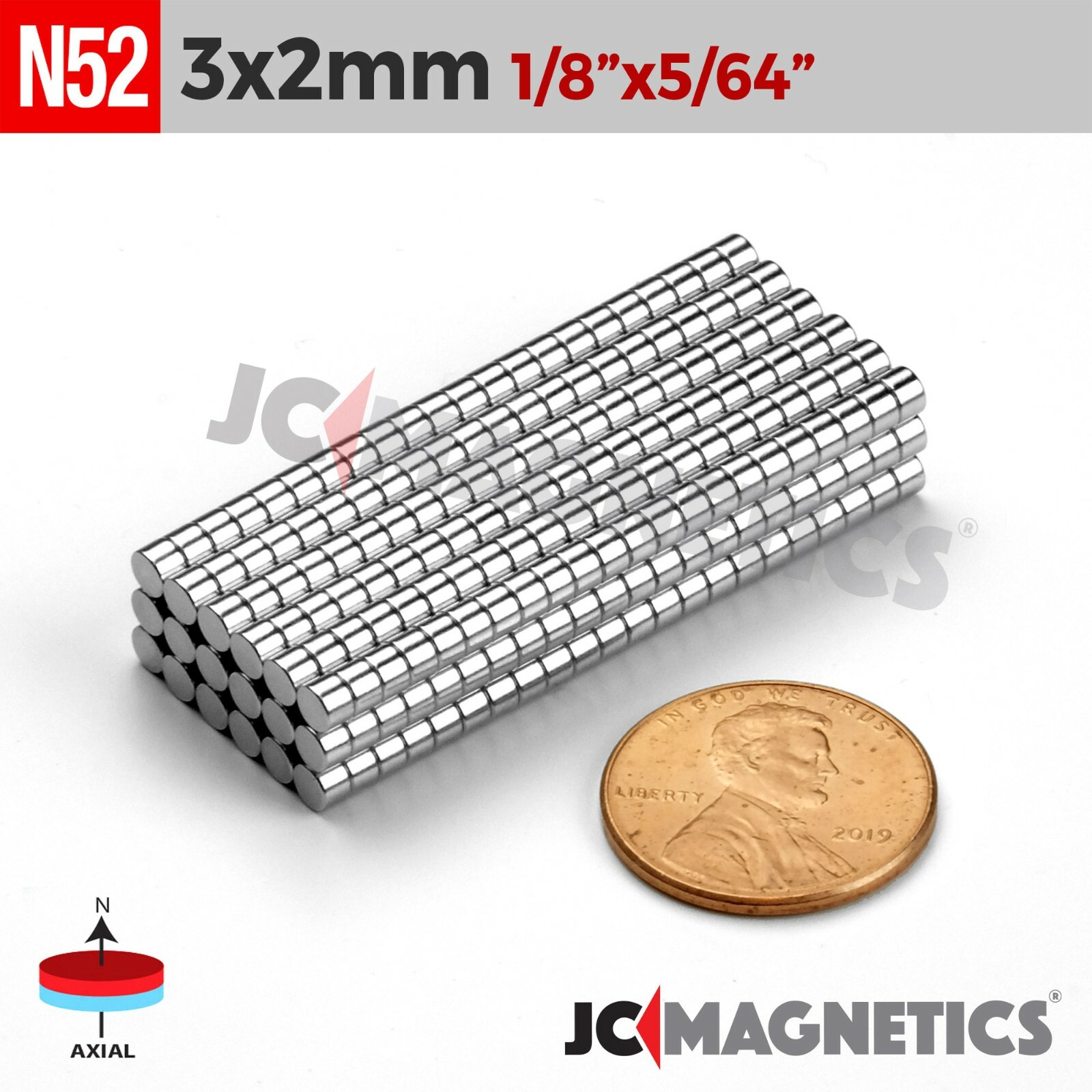 3mm x 2mm 1/8″x 5/64″ N52 Strong Rare Earth Neodymium Small Magnet Discs 3x2mm