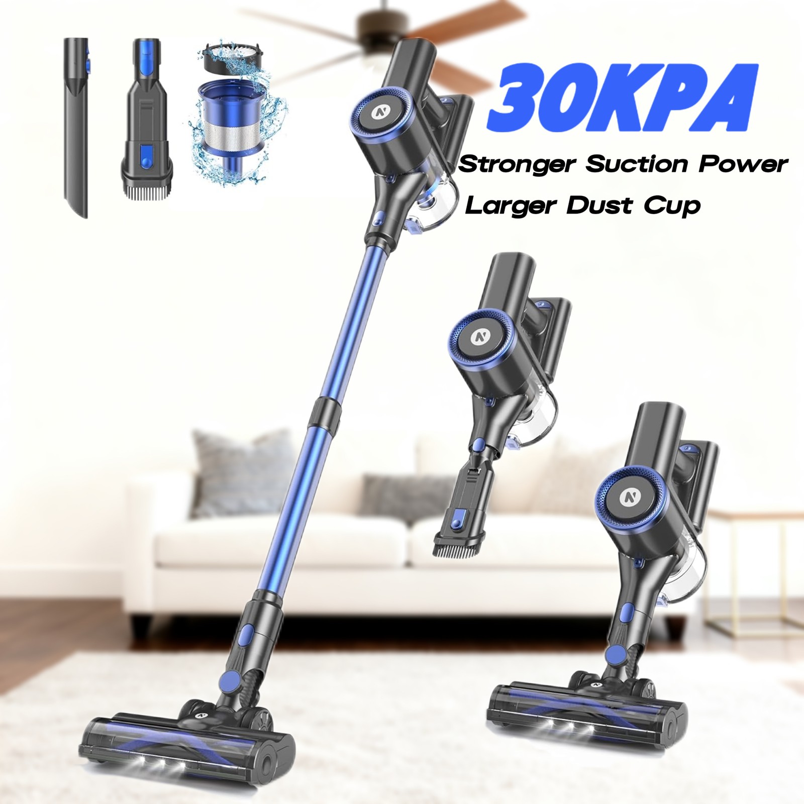 Cordless Vacuum Cleaner 30KPa 45min Runtime Stick 1.5L for Pet Hair Carpet Clean