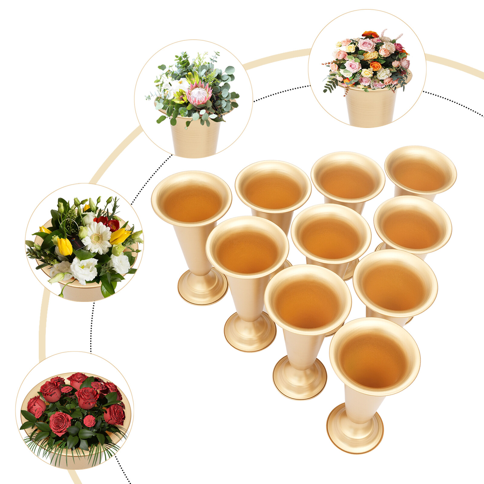 Golden 3.9*9.8in 10Pcs Trumpet Vase Flower Holder For Anniversary&Party Ceremony
