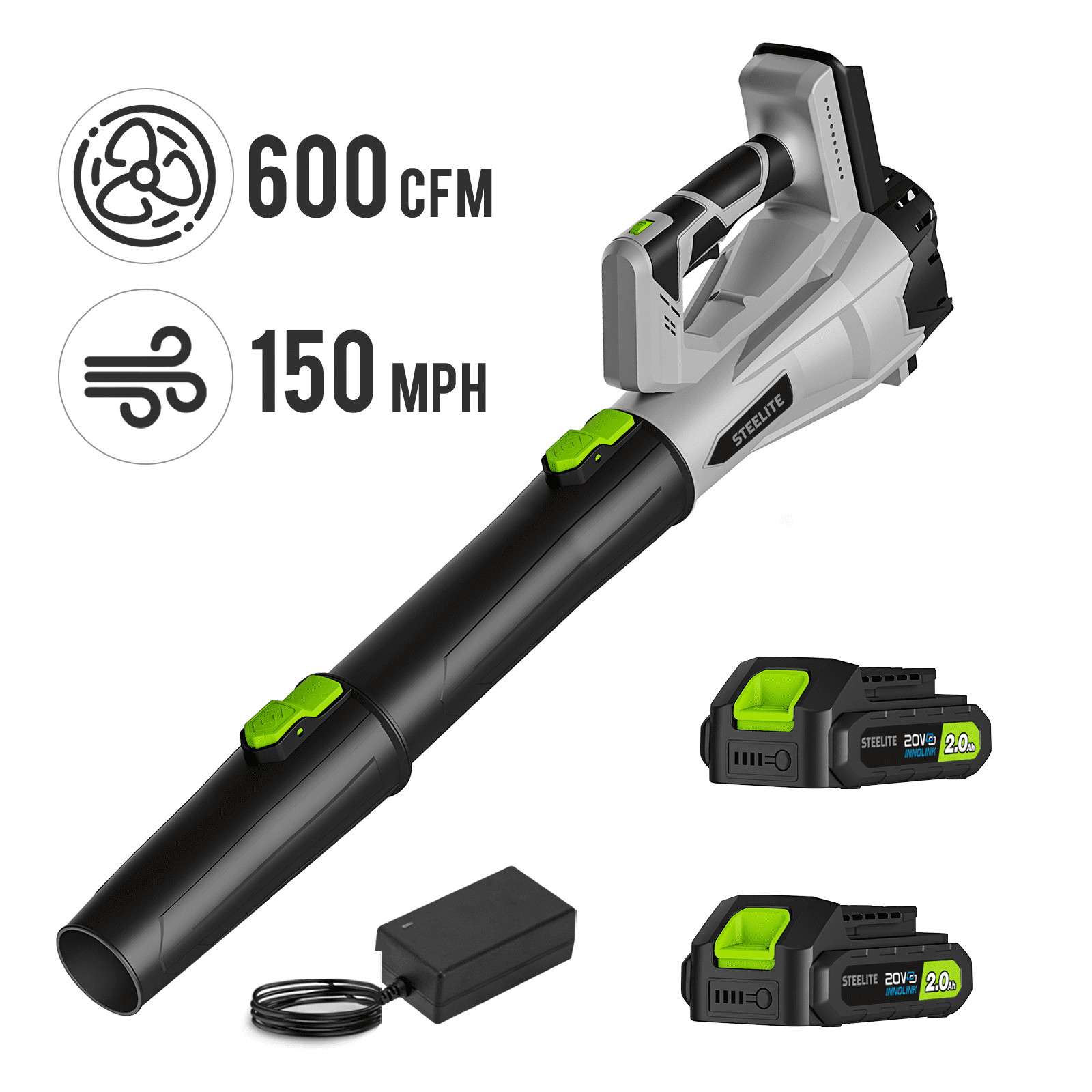 Deli Steelite 20V Cordless Leaf Blower 600 CFM/150 MPH 6-speed with 2 Batteries