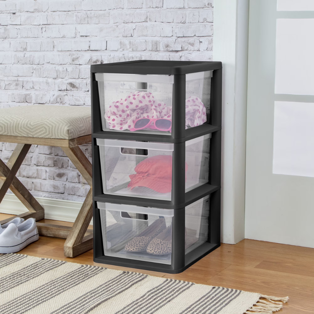 2Pack Sterilite Medium 3 Drawer Tower Plastic Storage Bins Organizer Unit, Black