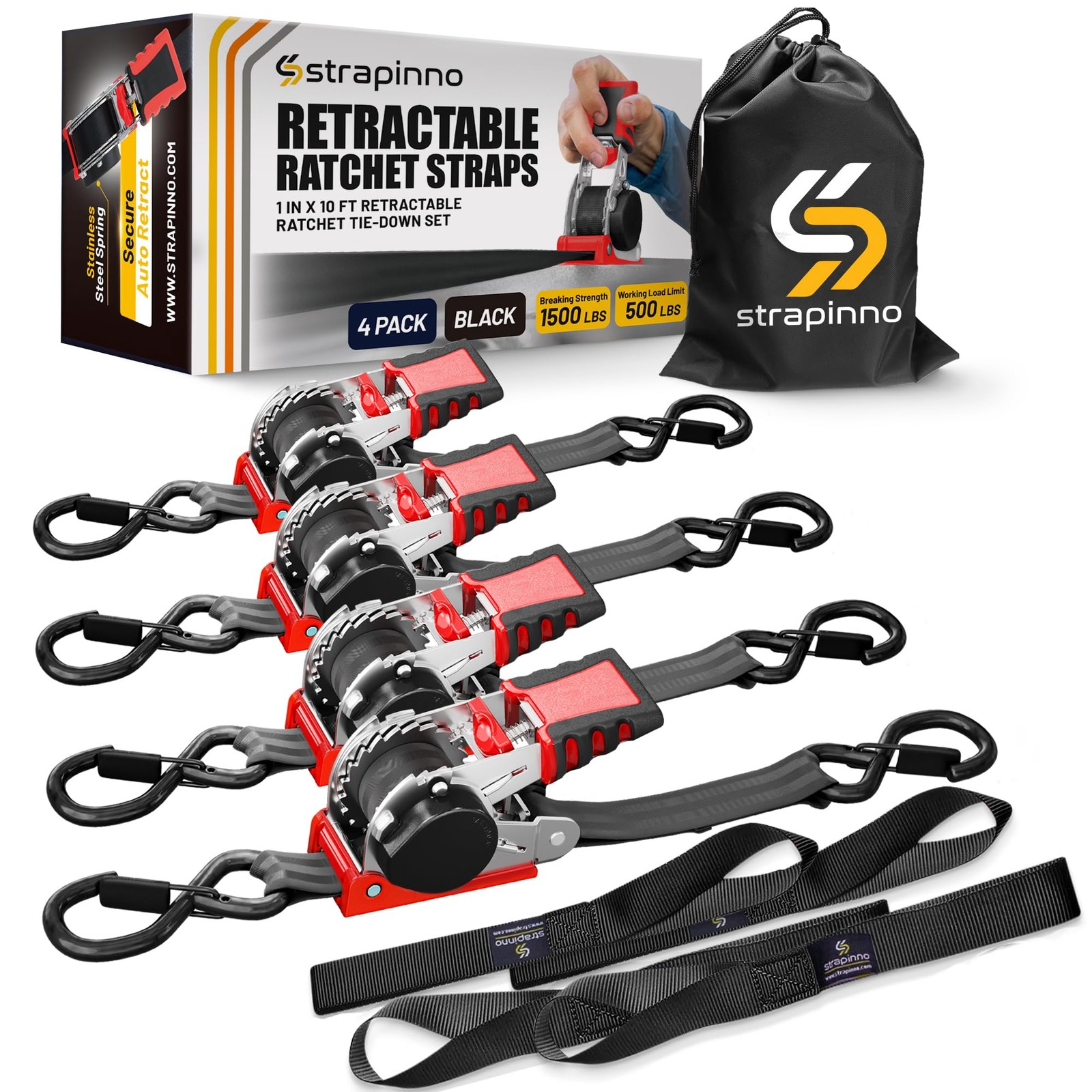 Retractable Ratchet Straps (4-Pack), 1 in x 10 ft, 1,500LBS Break Strength, M…