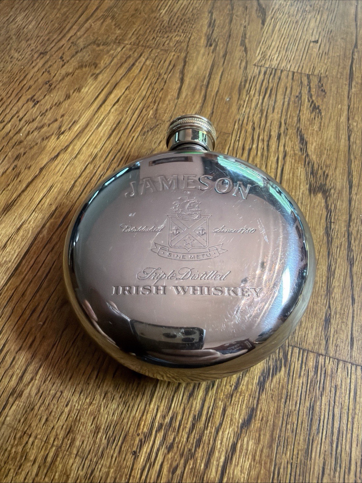 Vintage Jameson Irish Whiskey Round Hip Flask Brass Screw Top See Description