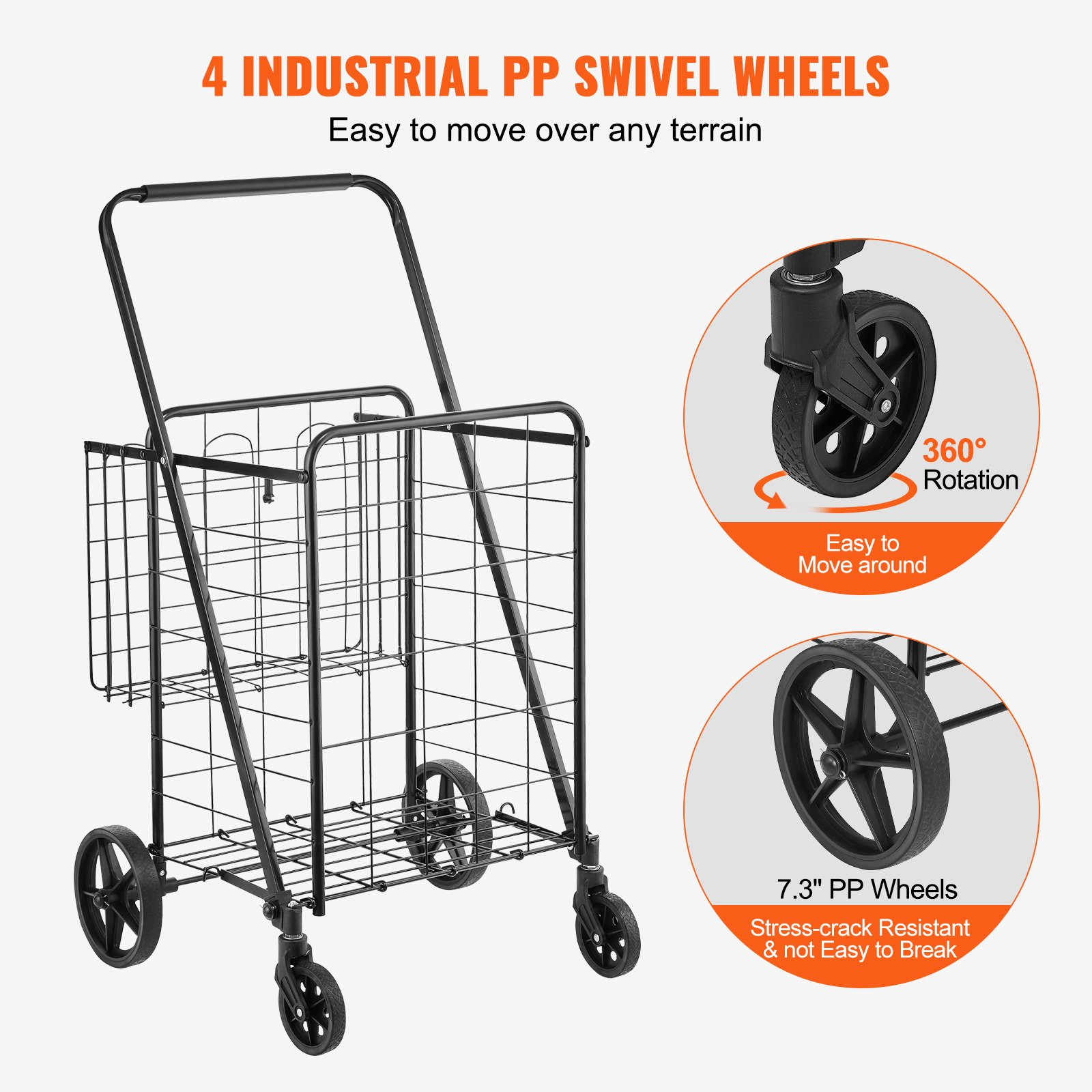 VEVOR Folding Shopping Cart, Jumbo Grocery Cart with Double Baskets, 360° Swivel
