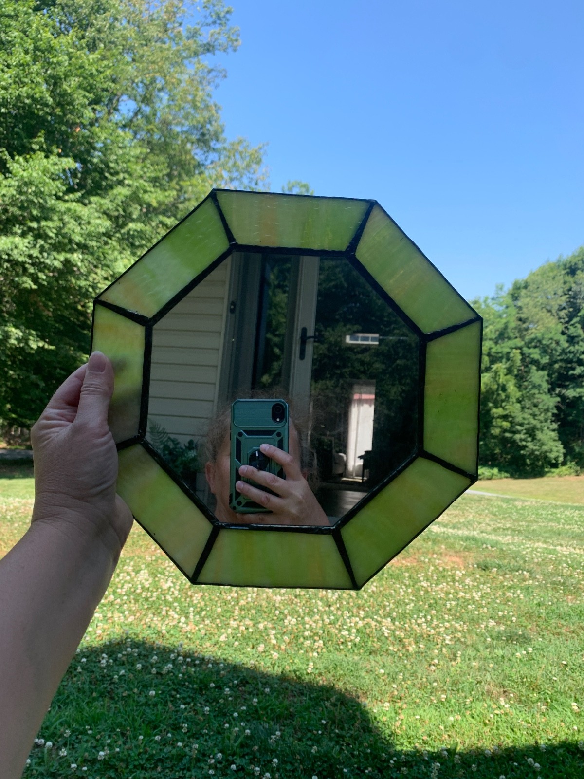 Octagon Green Stained Slag Glass Mirror Wallhanging