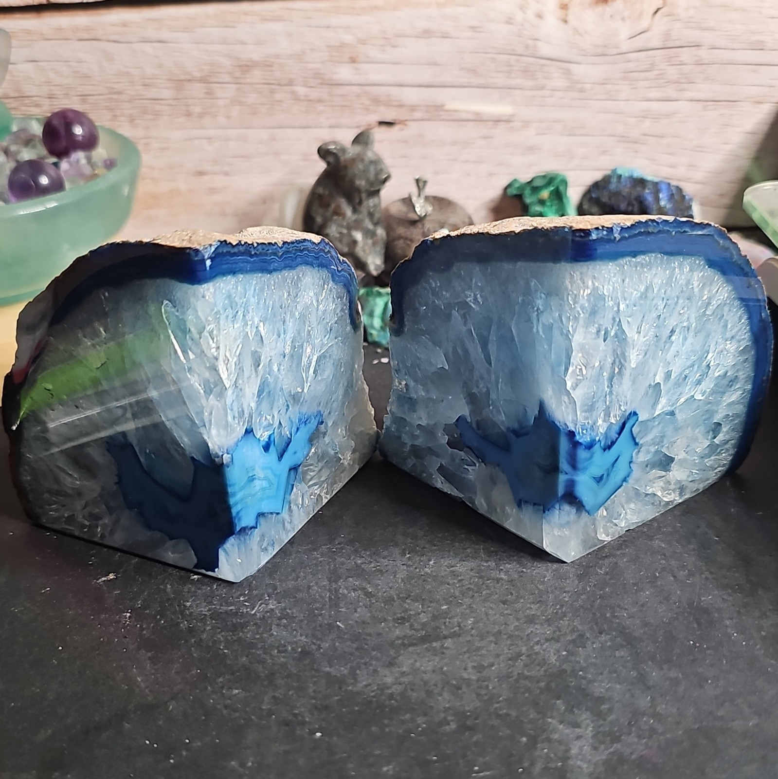 Large Blue Agate Geode Bookends Druzy Quartz Crystal Matching Pair Polished2.9lb
