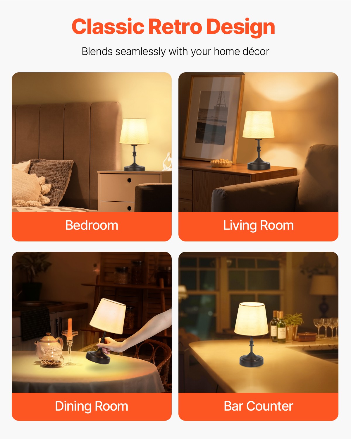 VEVOR Cordless Table Lamp Rechargeable Battery Small Desk Lamp Fabric Shade