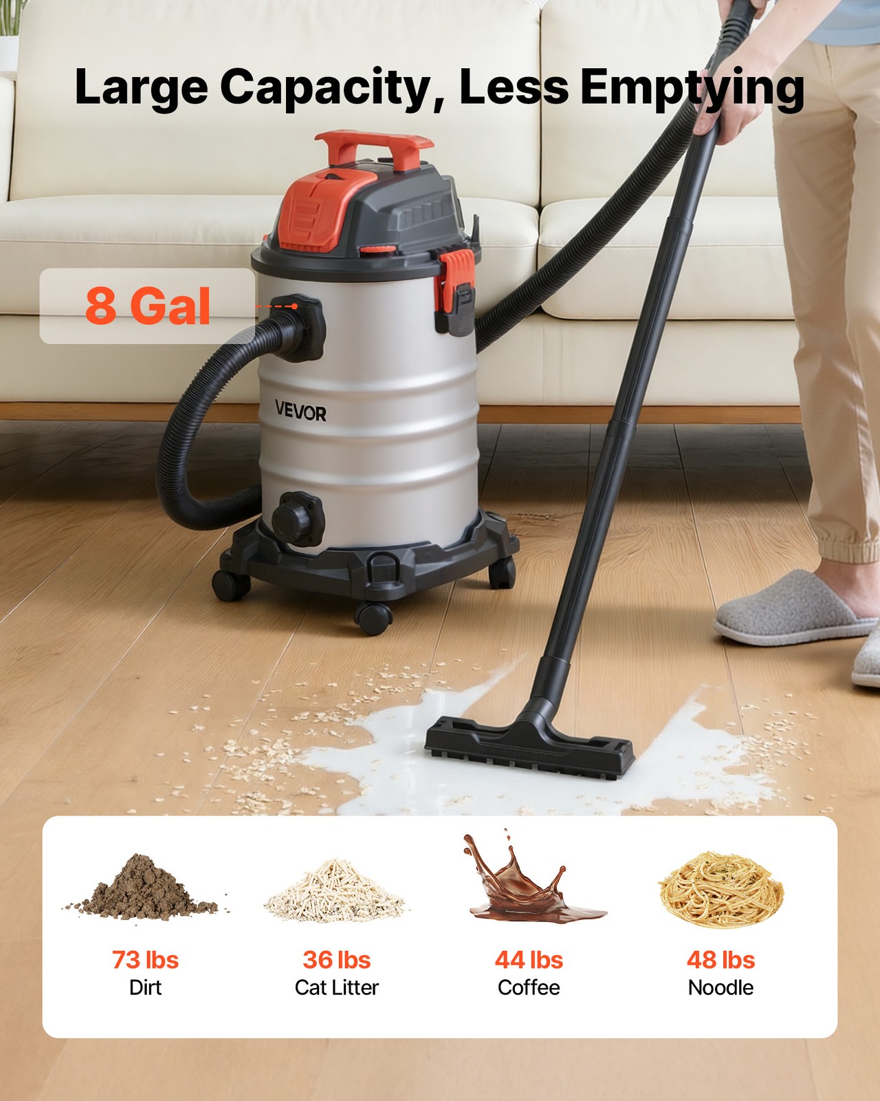 VEVOR 8 Gal Wet Dry Shop Vac 6HP Self-Cleaning 900W Metal Tank for Jobsite