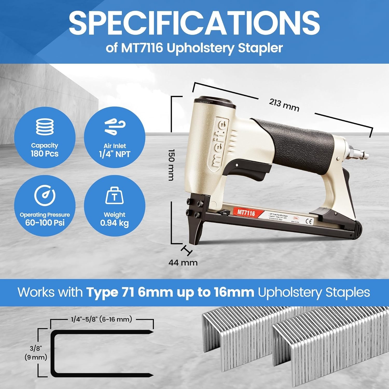 meite MT7116 22 Gauge 3/8”Crown Pneumatic Upholstery Stapler 1/4″ – 5/8″ Length