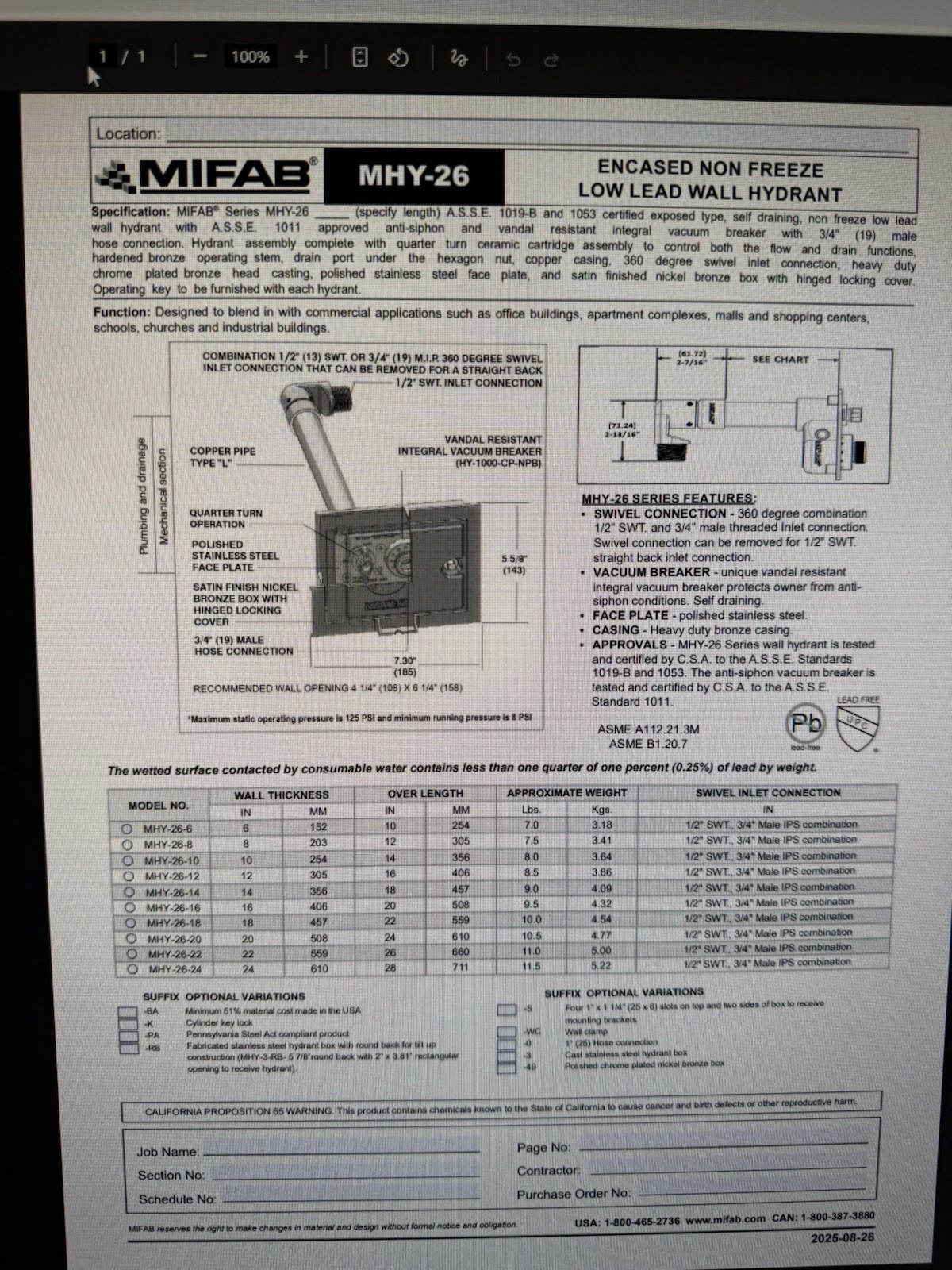MIFAB MHY-26-8 None Freeze Wall Hydrant 3/4”MPT 8”long W/ Nickel Bronze Box “NEW