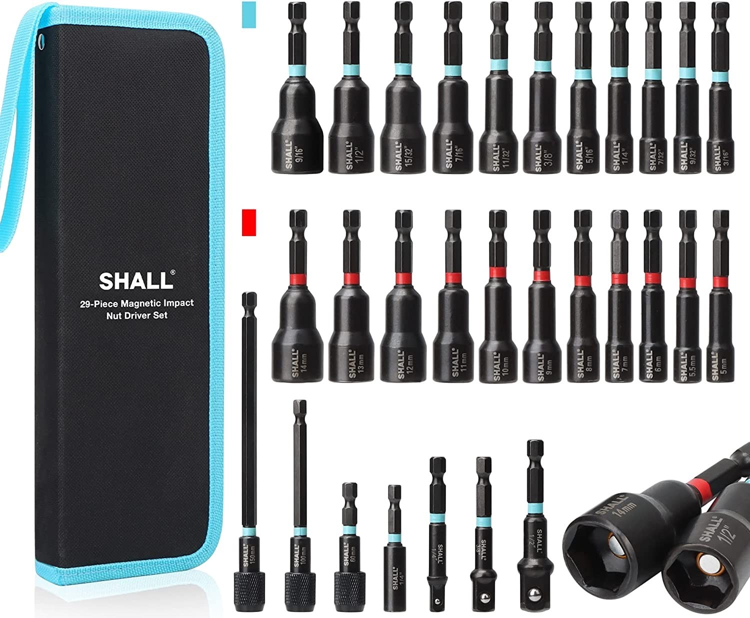 SHALL 29PC Impact Magnetic Nut Drivers Set SAE & Metric Extra Long 1/4″ Hex US
