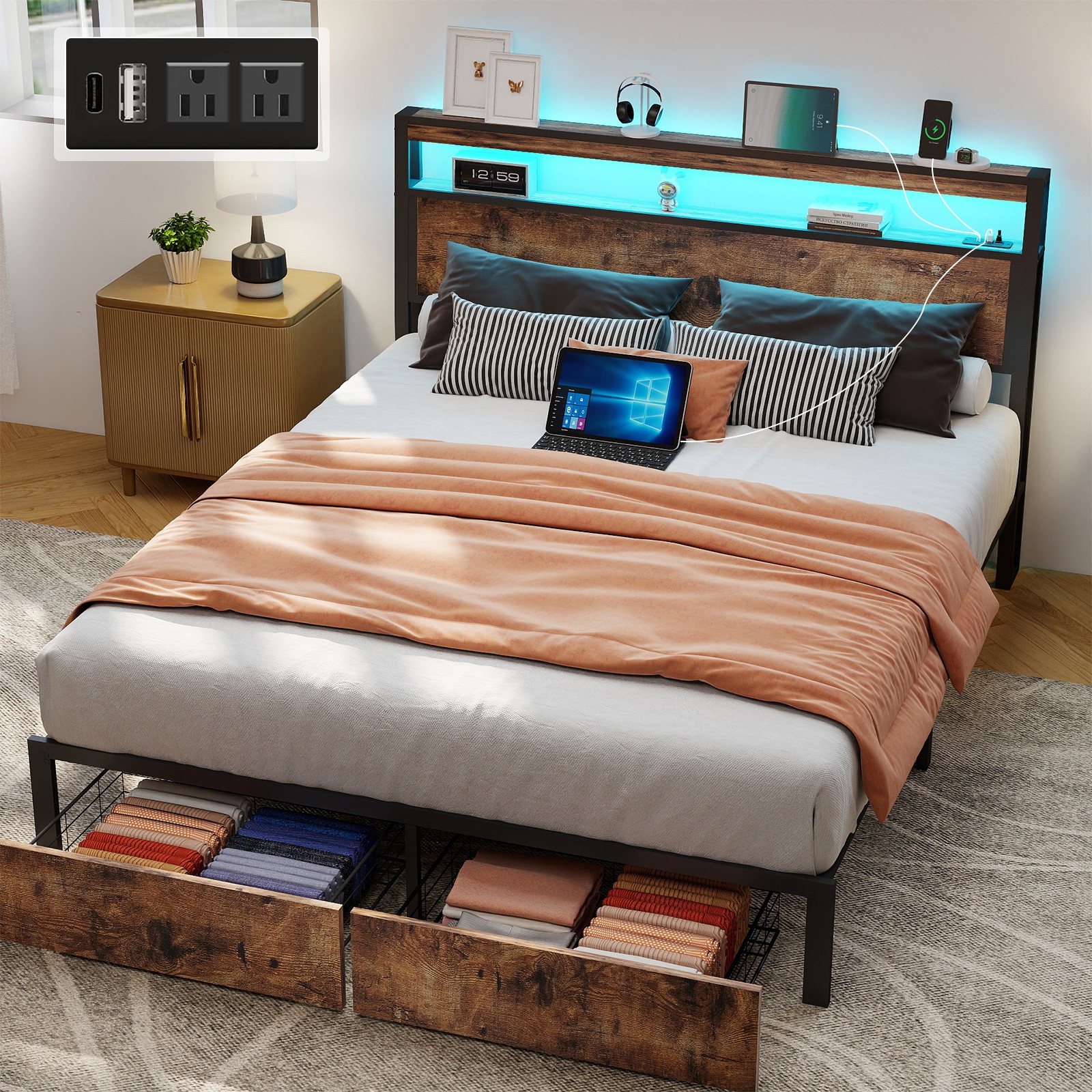 Queen Full Size Bed Frame with Storage Headboard &Charging Station＆ LED Lights