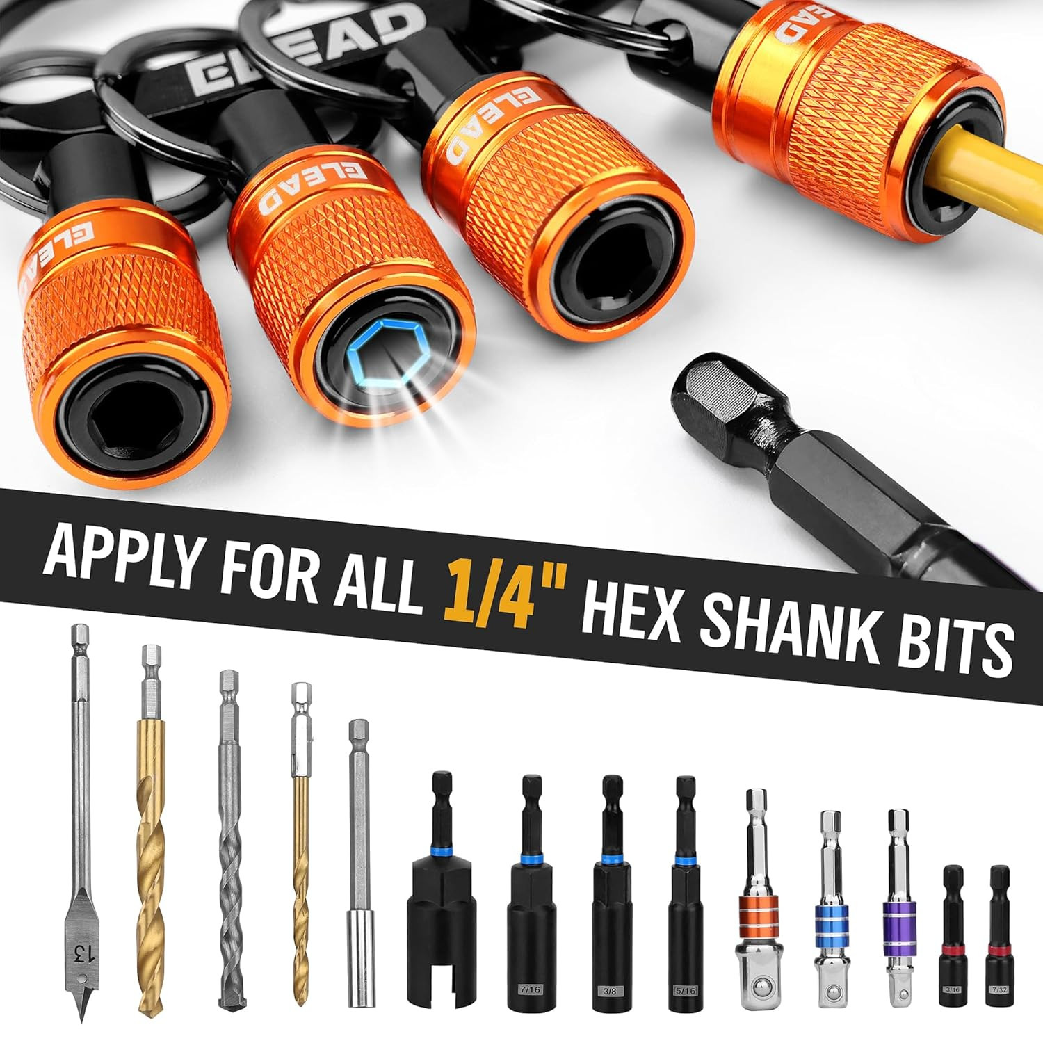 6-Piece Bit Holder Key Chain, 1/4 Inch Orange Hex Shank Bit Holders, Quick Relea