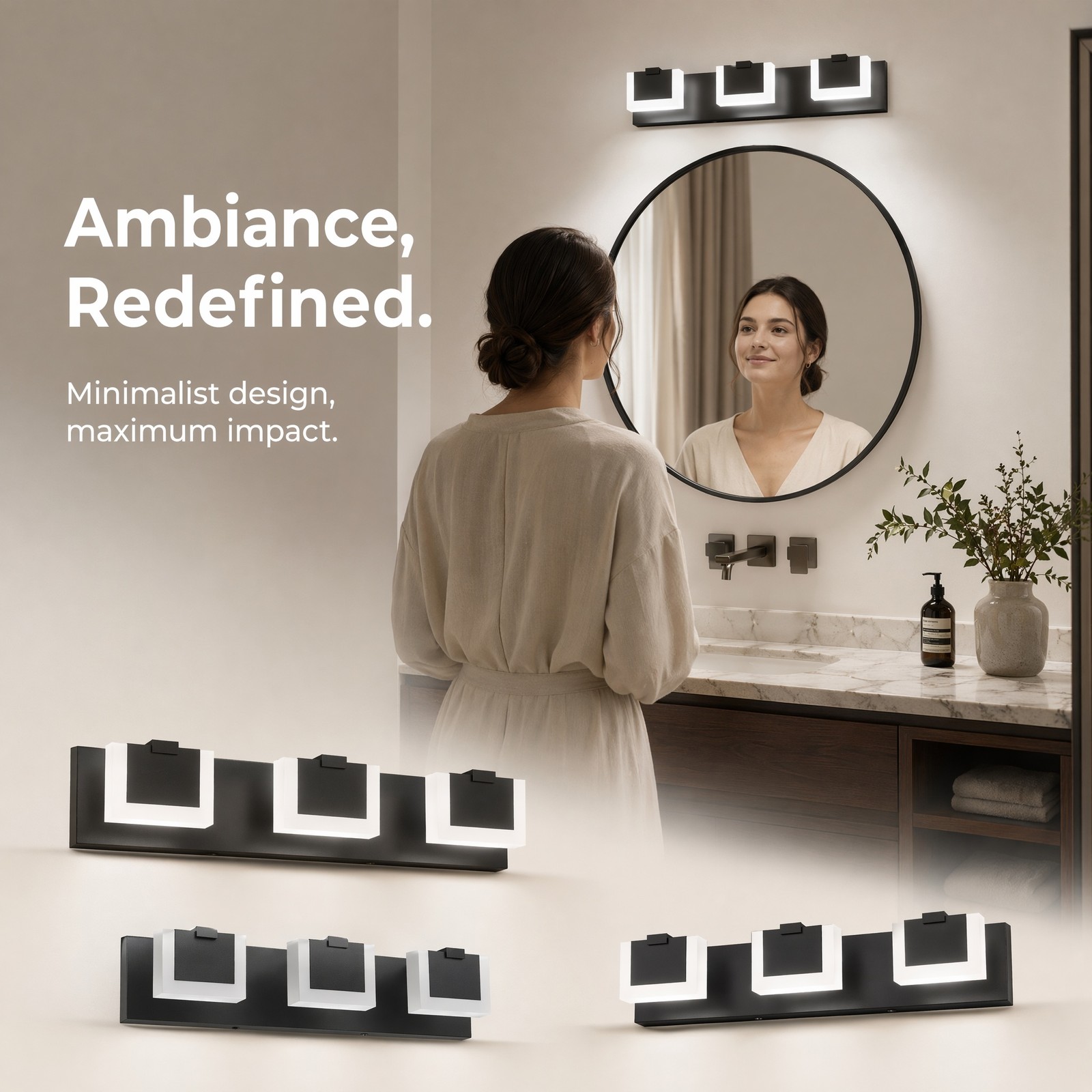 22 in 3 Light Black Dimmable LED Vanity Bathroom Over Mirror Wall Sconce Fixture