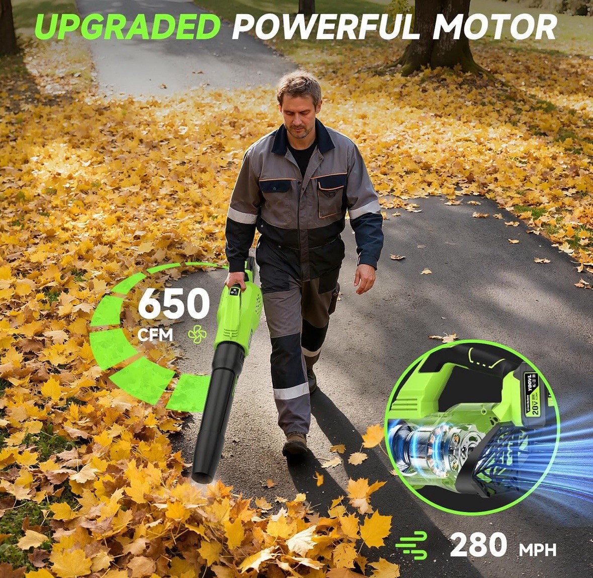 Leaf Blower Cordless, 650CFM Electric Leaf Blowers with 2 X 5.2Ah Batteries