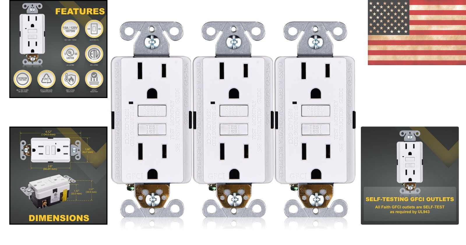 Slender 15A GFCI Duplex Outlets with LED Indicator – 3 Pack Safety Upgrade