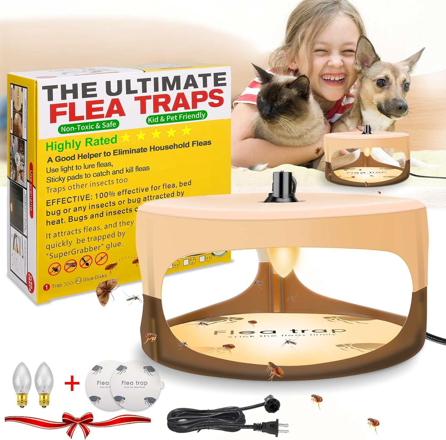 Flea Traps for Inside Your Home with 2 Sticky Disc & 2 Bulbs & 1 Electric Wires