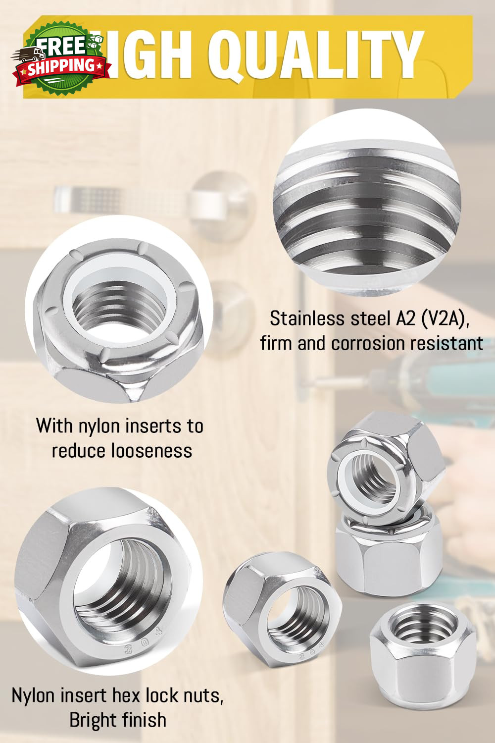 100Pcs 10 24 Nylon Insert Hex Lock Nuts A2 304 Stainless Steel Self Locking