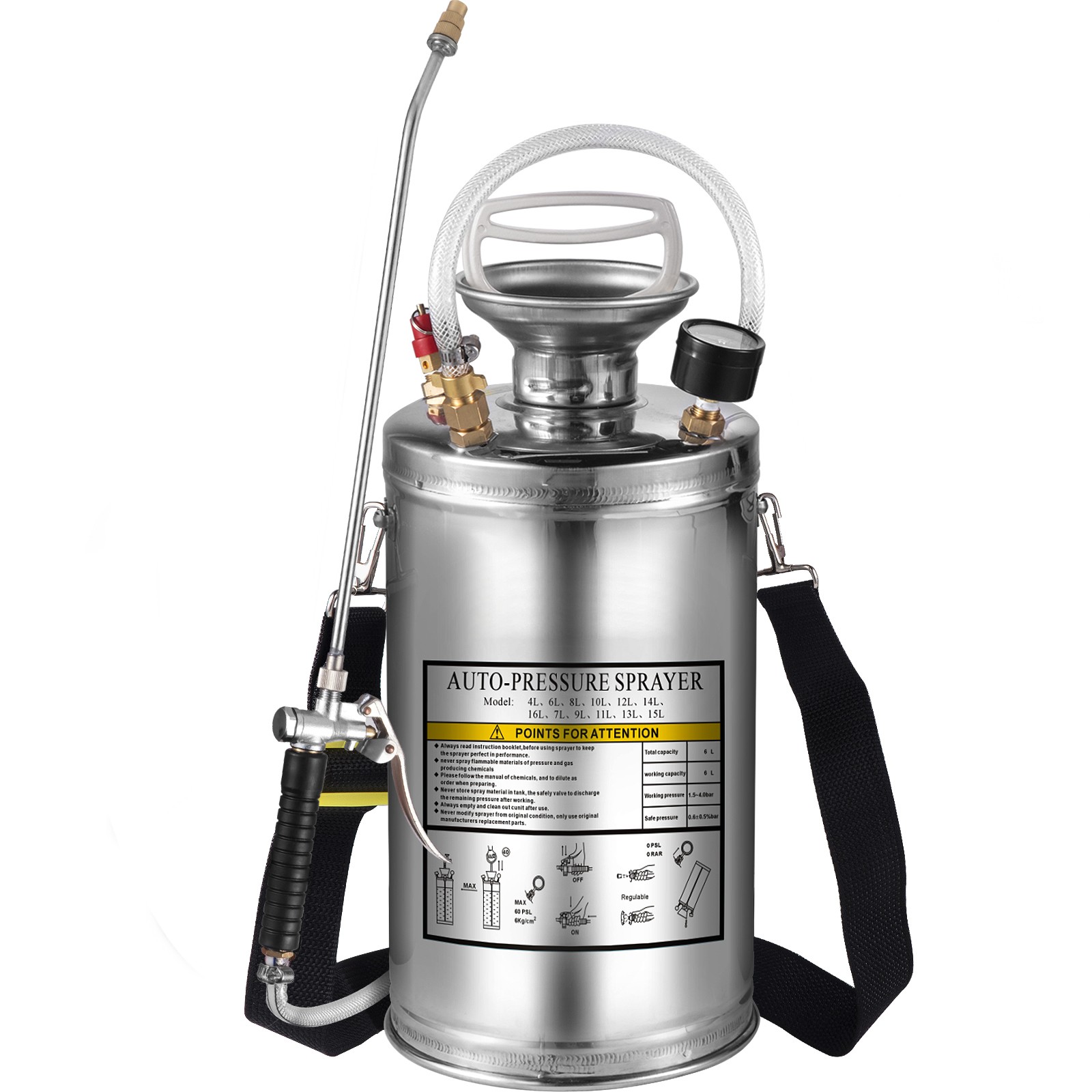 VEVOR Stainless Steel Sprayer 1.5 Gal Steel Hand-Pump Sprayer with 3.3 inch Hose