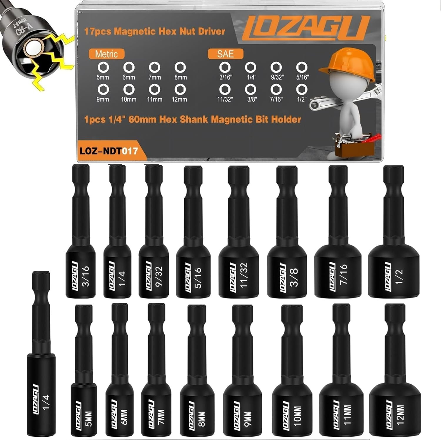 17PCS Magnetic Nut Driver Set | SAE and Metric | Premium Impact Power Hex Nut Dr