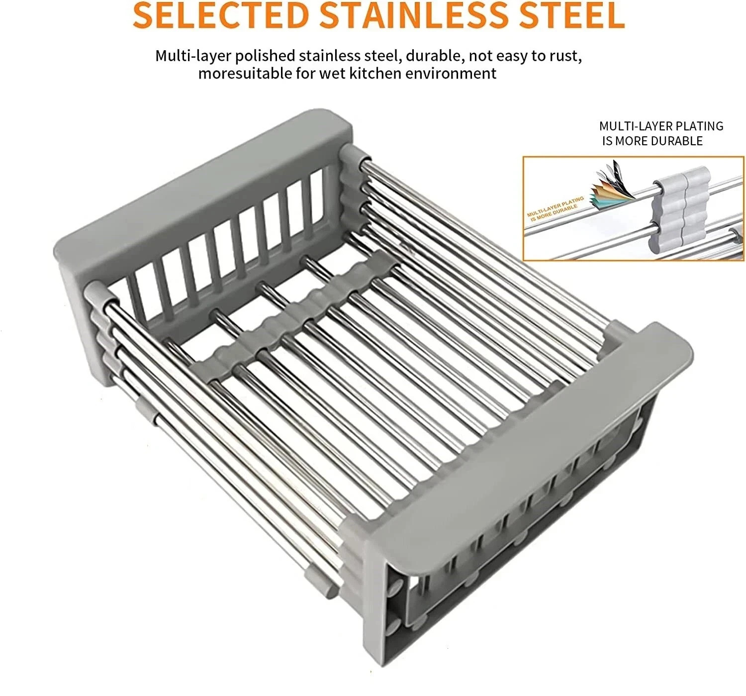 Adjustable Stainless Steel Over Sink Dish Drying Rack Expandable Kitchen Drainer