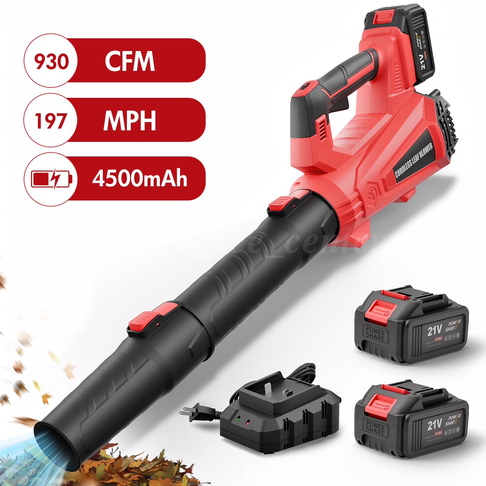 6-Speed Cordless Leaf Blower 930CFM 197MPH 2x4000mAh Batteries For Yard Clean
