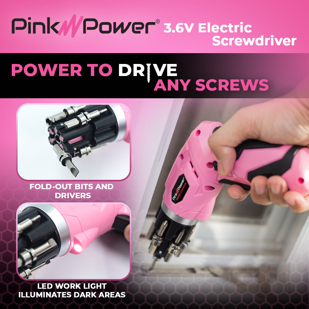 Cordless Electric Screwdriver Set–4V Pink Rechargeable Handy Tool with LED, Bits