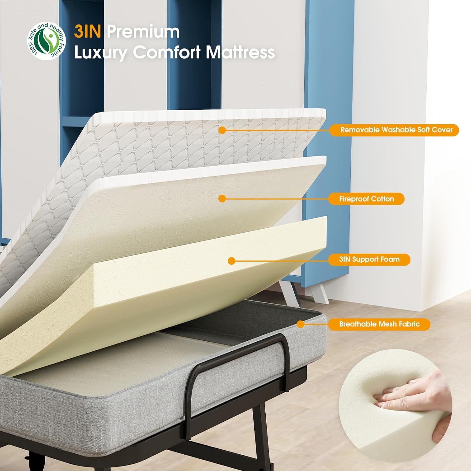Portable Folding Bed with Memory Foam Mattress Rollaway Metal Frame Guest Bed