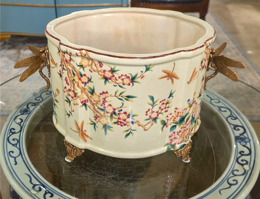 Porcelain Oval Planter with Ormolu Dragonfly Handles-Floral Vine-14” x 8”H