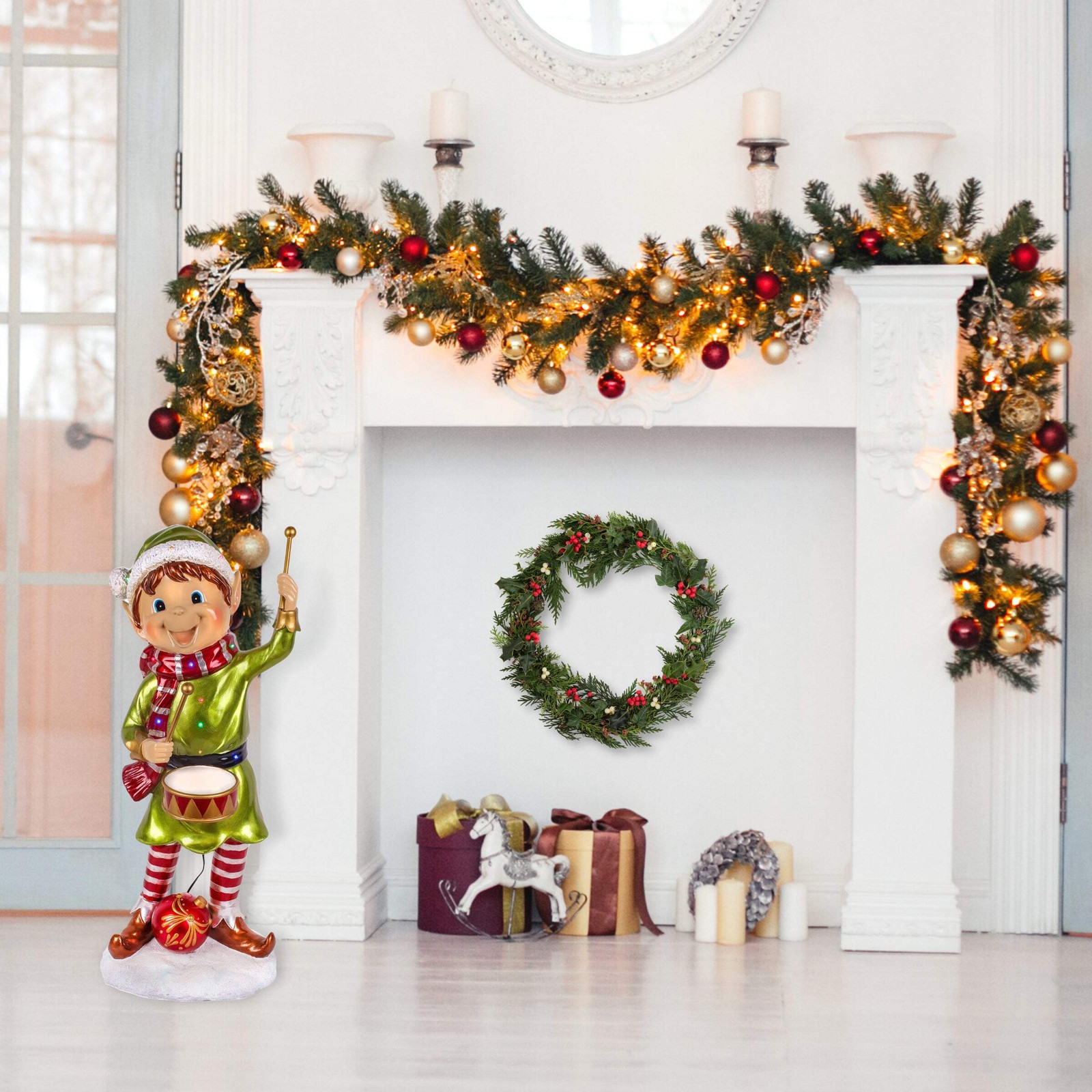 37 in. Drumming Pixie Elf with Multicolor Lights, Plug-In