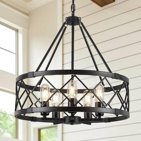 ADSENSTY 5-Light 20.07 in. Black Farmhouse Geometric Drum Chandelier Light