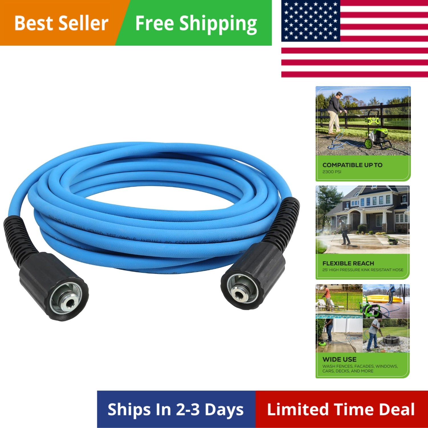 25ft High-Pressure 2300 PSI Kink-Free Hose with M22 Adaptor for Extended