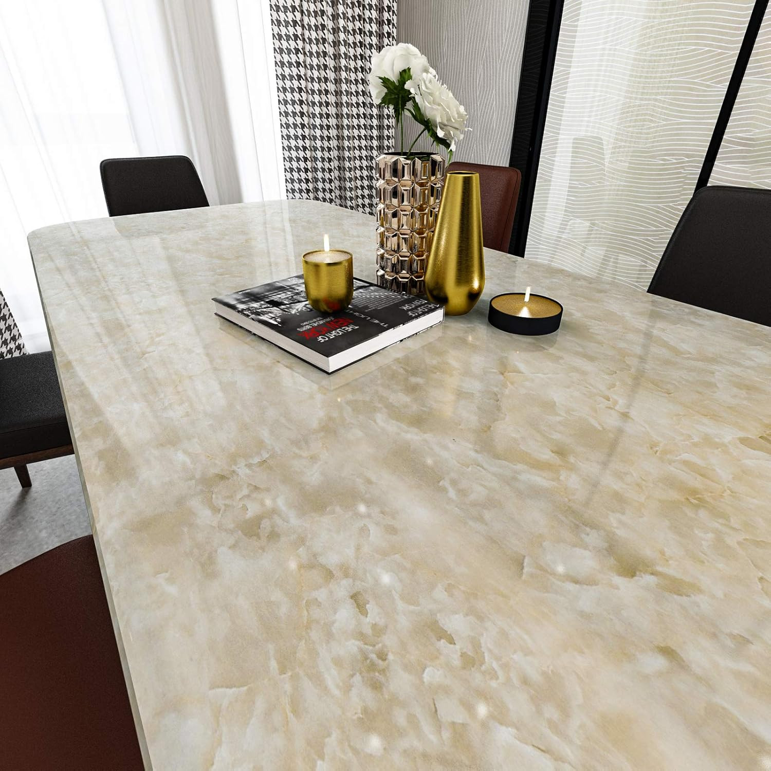 Glossy Beige Marble Contact Paper for Table Top Self Adhesive Shiny Marble Fi…